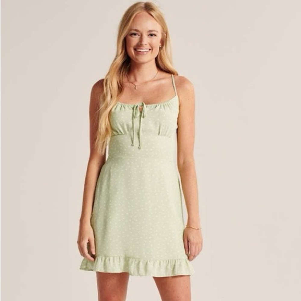 Abercrombie | Green and White Polka Dot Mini Dress Matching Scrunchie | Size M